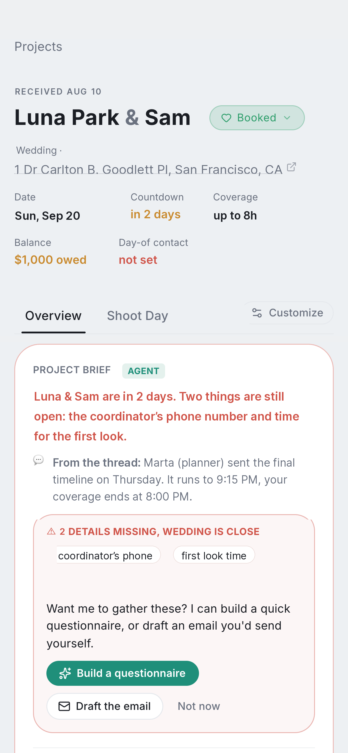 On a phone, two days out: the project screen for Luna Park and Sam at San Francisco City Hall, with the brief saying two things are still open: the coordinator’s phone number and time for the first look.