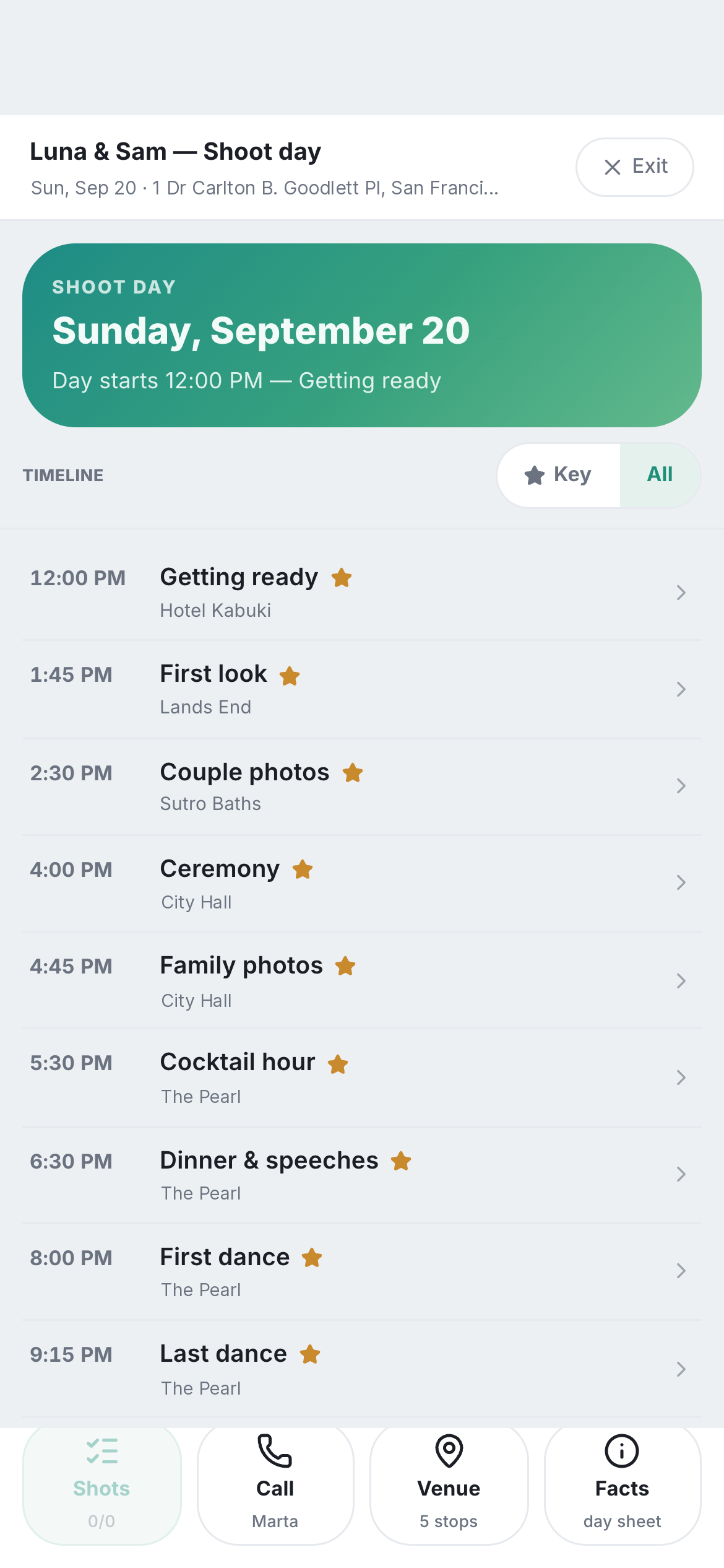 On a phone, the wedding day: a live timeline from 12:00 PM to 9:15 PM with each moment and its location, and shots, call, venue and facts at the bottom.